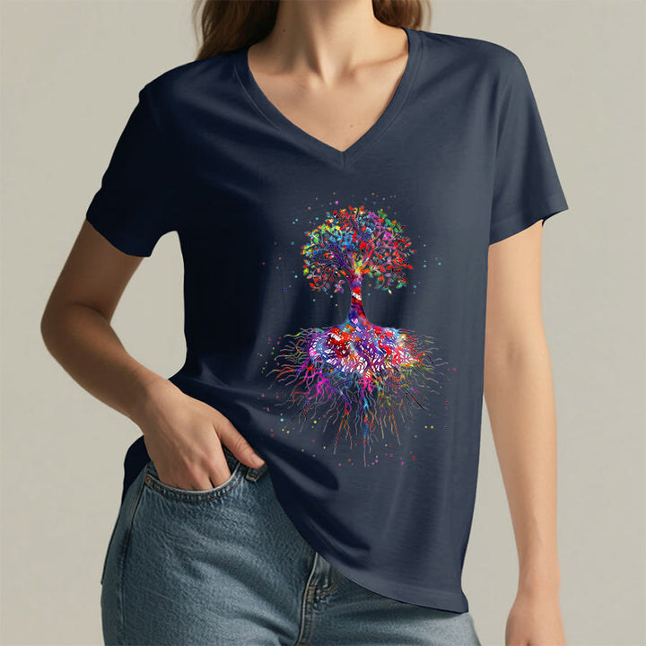 T-shirt de yoga à col en V Olivenorma avec imprimé aquarelle Arbre de Vie et Racines - image 19