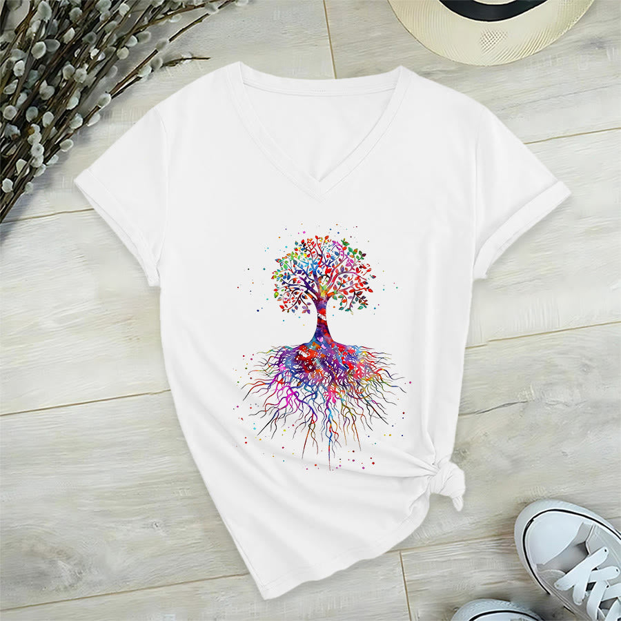 T-shirt de yoga à col en V Olivenorma avec imprimé aquarelle Arbre de Vie et Racines - Blanc - 2XL - image 0