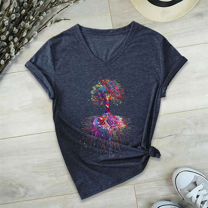 T-shirt de yoga à col en V Olivenorma avec imprimé aquarelle Arbre de Vie et Racines - Bleu marine - 2XL - image 18
