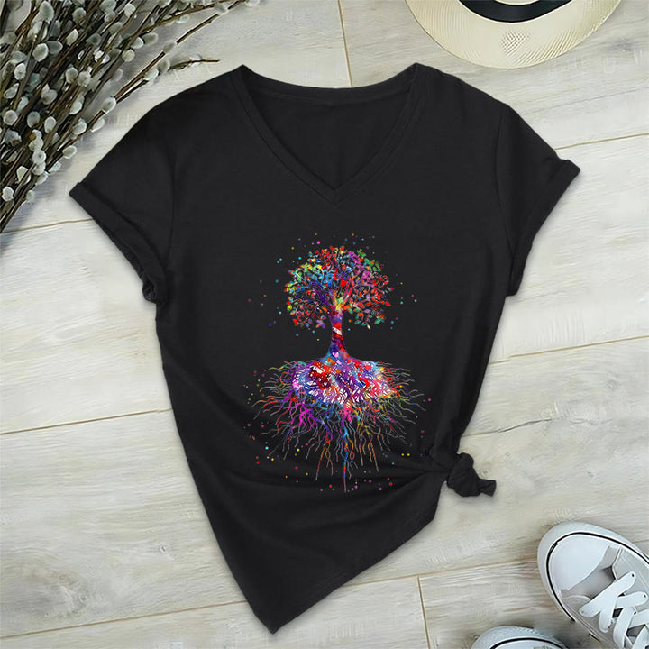 T-shirt de yoga à col en V Olivenorma avec imprimé aquarelle Arbre de Vie et Racines - Noir - 2XL - image 12