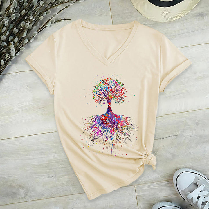 T-shirt de yoga à col en V Olivenorma avec imprimé aquarelle Arbre de Vie et Racines - Kaki - 2XL - image 3