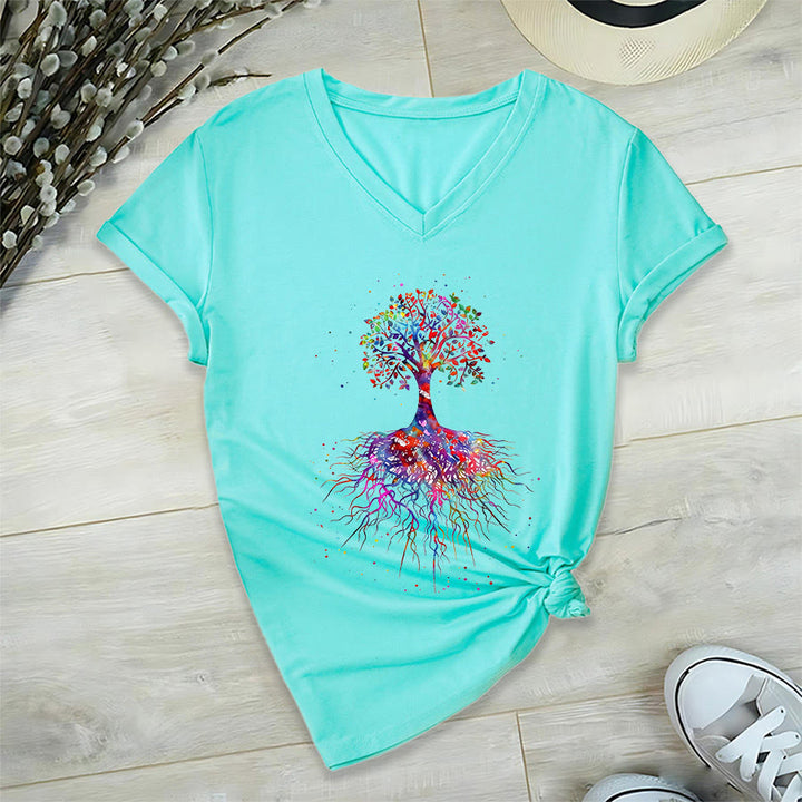 T-shirt de yoga à col en V Olivenorma avec imprimé aquarelle Arbre de Vie et Racines - Lac Bleu - 2XL - image 9