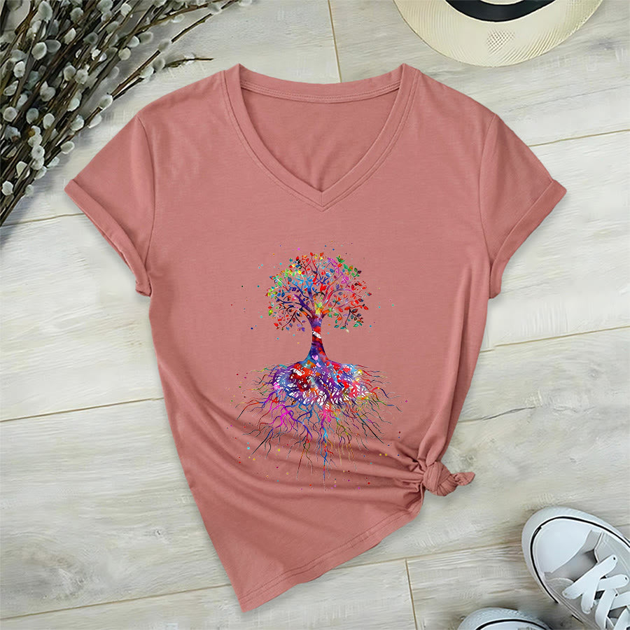 T-shirt de yoga à col en V Olivenorma avec imprimé aquarelle Arbre de Vie et Racines - Rose - 2XL - image 6