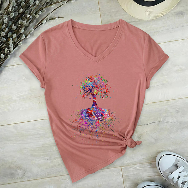 T-shirt de yoga à col en V Olivenorma avec imprimé aquarelle Arbre de Vie et Racines - Rose - 2XL - image 6