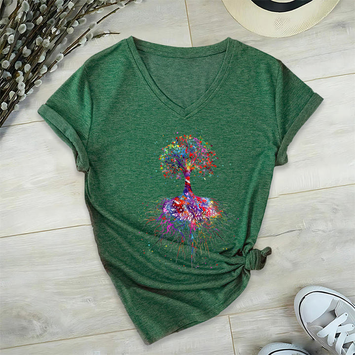 T-shirt de yoga à col en V Olivenorma avec imprimé aquarelle Arbre de Vie et Racines - Vert foncé - 2XL - image 21