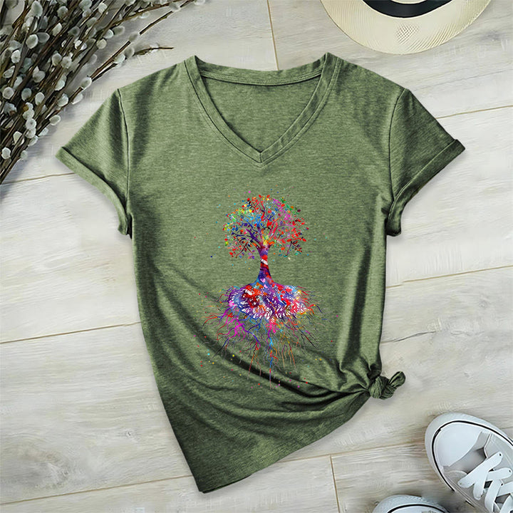 T-shirt de yoga à col en V Olivenorma avec imprimé aquarelle Arbre de Vie et Racines - Vert olive - 2XL - image 24