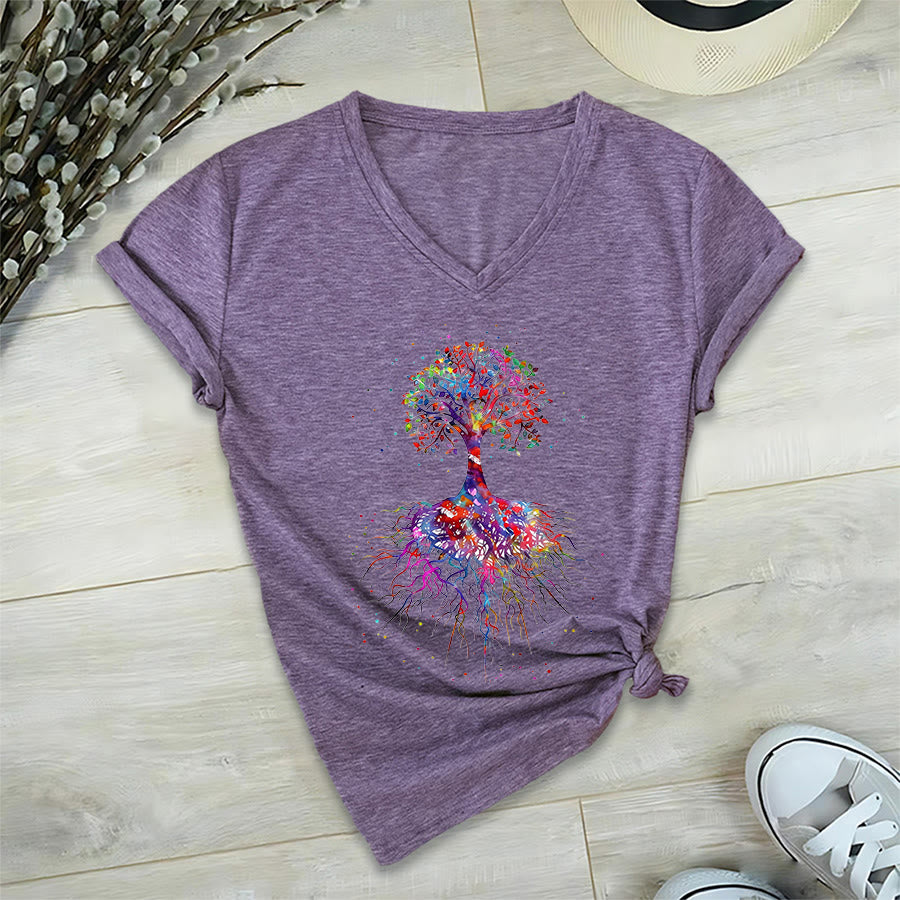 T-shirt de yoga à col en V Olivenorma avec imprimé aquarelle Arbre de Vie et Racines - Violet - 2XL - image 36