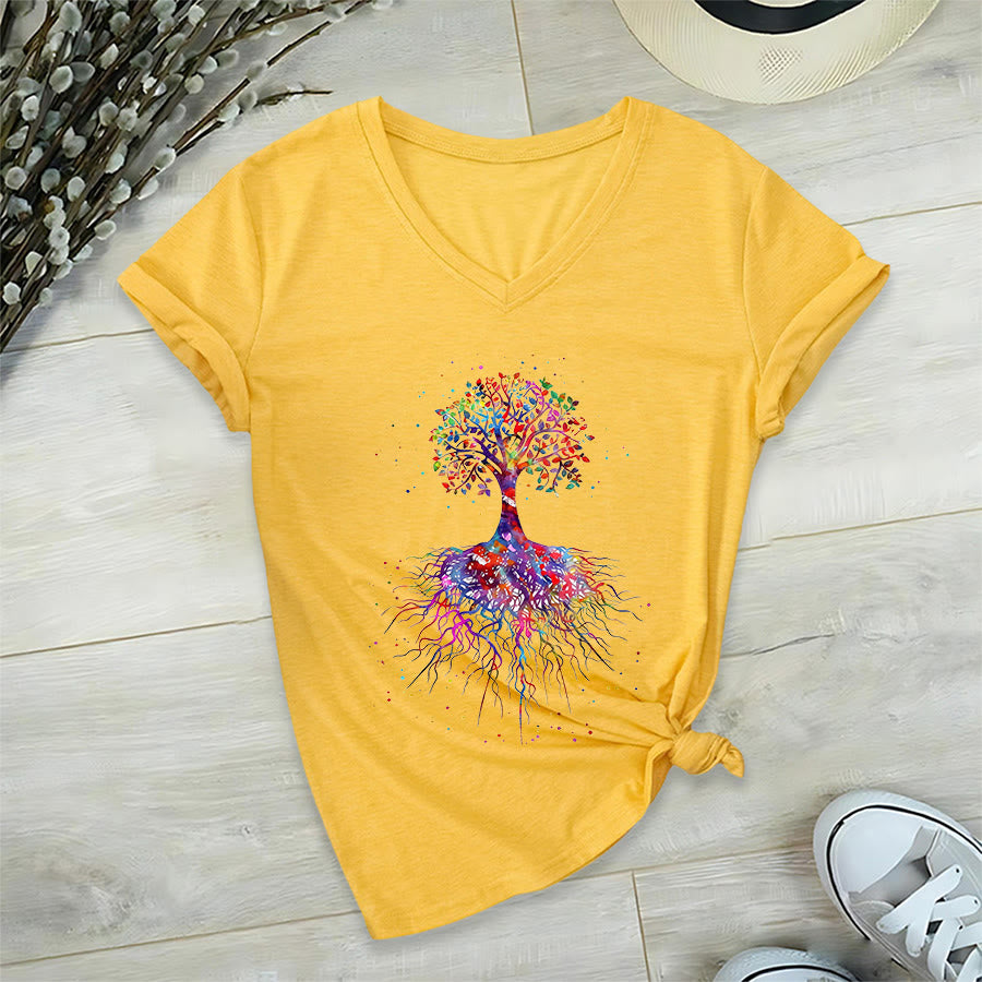 T-shirt de yoga à col en V Olivenorma avec imprimé aquarelle Arbre de Vie et Racines - Jaune - 2XL - image 30