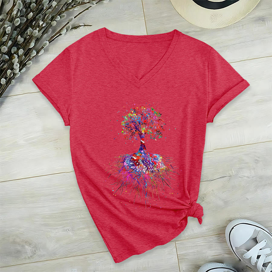 T-shirt de yoga à col en V Olivenorma avec imprimé aquarelle Arbre de Vie et Racines - Rouge - 2XL - image 27