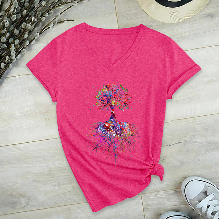 T-shirt de yoga à col en V Olivenorma avec imprimé aquarelle Arbre de Vie et Racines - Rose rouge - 2XL - image 33