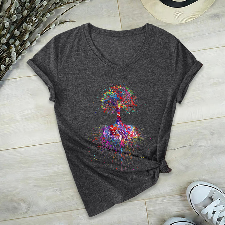 T-shirt de yoga à col en V Olivenorma avec imprimé aquarelle Arbre de Vie et Racines - Gris - 2XL - image 15