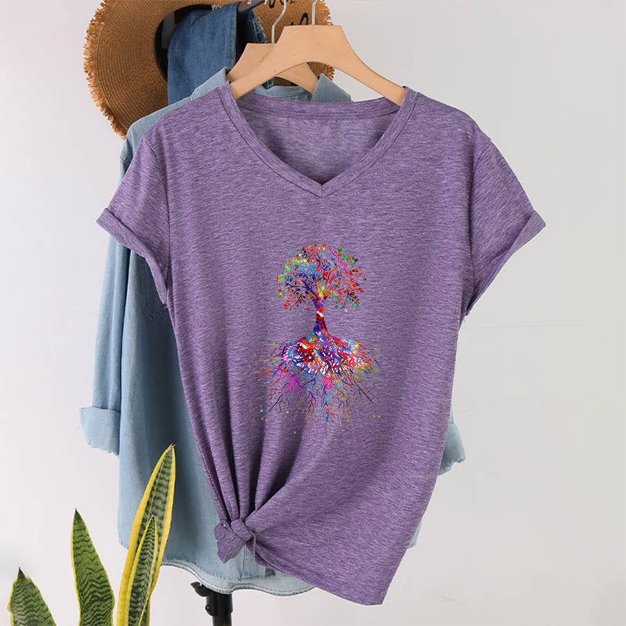 T-shirt de yoga à col en V Olivenorma avec imprimé aquarelle Arbre de Vie et Racines - image 38
