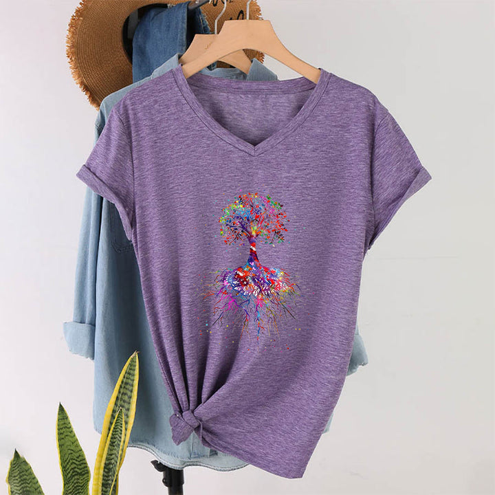 T-shirt de yoga à col en V Olivenorma avec imprimé aquarelle Arbre de Vie et Racines - image 38