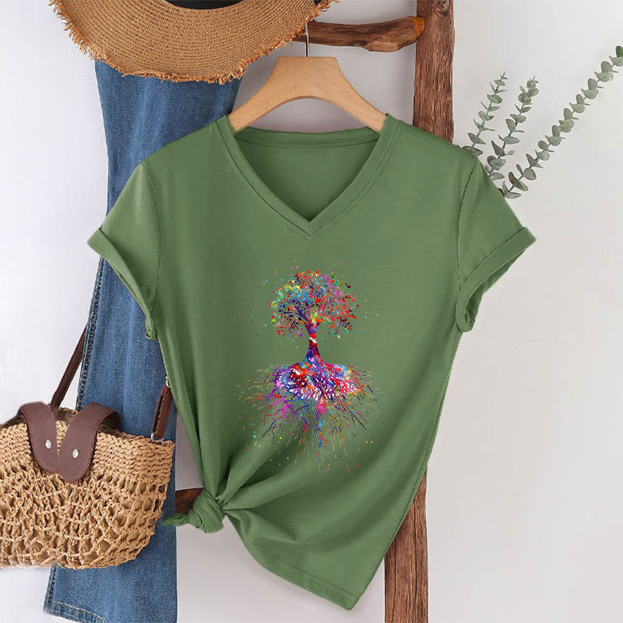 T-shirt de yoga à col en V Olivenorma avec imprimé aquarelle Arbre de Vie et Racines - image 26