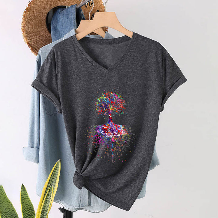 T-shirt de yoga à col en V Olivenorma avec imprimé aquarelle Arbre de Vie et Racines - image 17