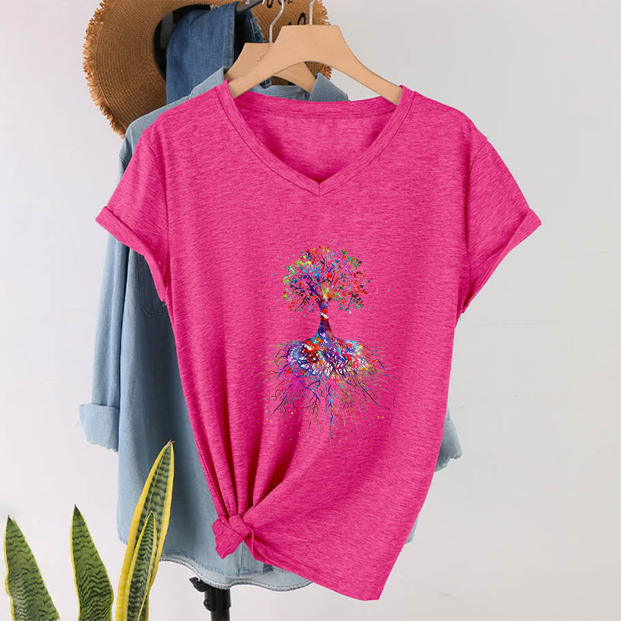 T-shirt de yoga à col en V Olivenorma avec imprimé aquarelle Arbre de Vie et Racines - image 35