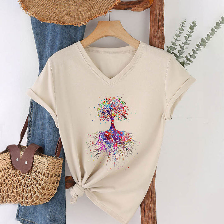 T-shirt de yoga à col en V Olivenorma avec imprimé aquarelle Arbre de Vie et Racines - image 5