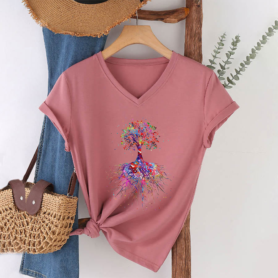 T-shirt de yoga à col en V Olivenorma avec imprimé aquarelle Arbre de Vie et Racines - image 8