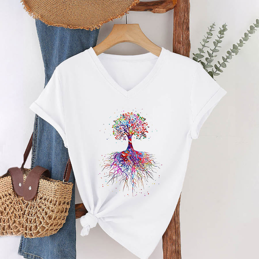 T-shirt de yoga à col en V Olivenorma avec imprimé aquarelle Arbre de Vie et Racines - image 2
