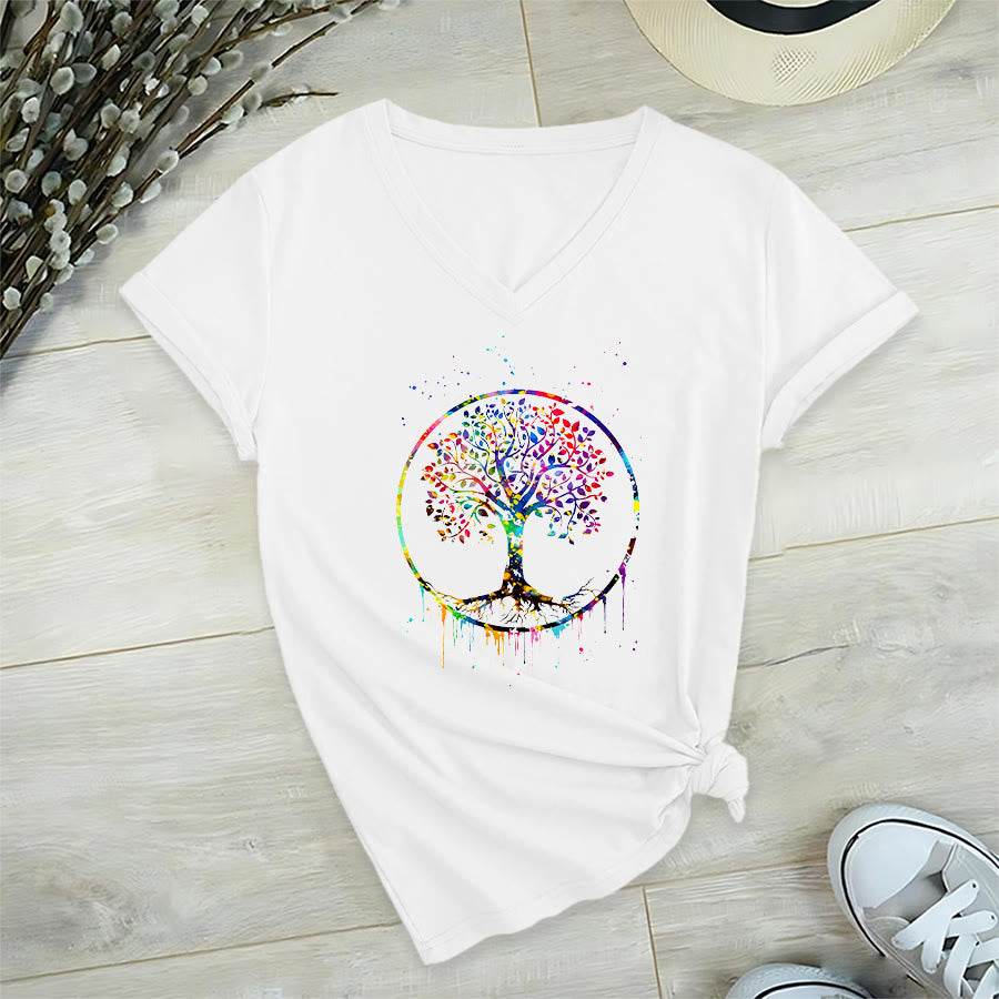 T-shirt Olivenorma à col en V avec motif circulaire spirituel de l'arbre de vie - Blanc - 2XL - image 15