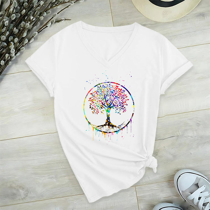 T-shirt Olivenorma à col en V avec motif circulaire spirituel de l'arbre de vie - Blanc - 2XL - image 15