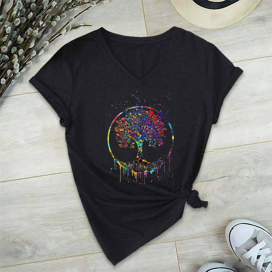 T-shirt Olivenorma à col en V avec motif circulaire spirituel de l'arbre de vie - Noir - 2XL - image 9