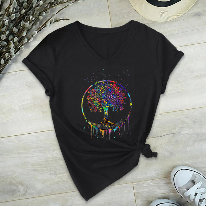 T-shirt Olivenorma à col en V avec motif circulaire spirituel de l'arbre de vie - Noir - 2XL - image 9