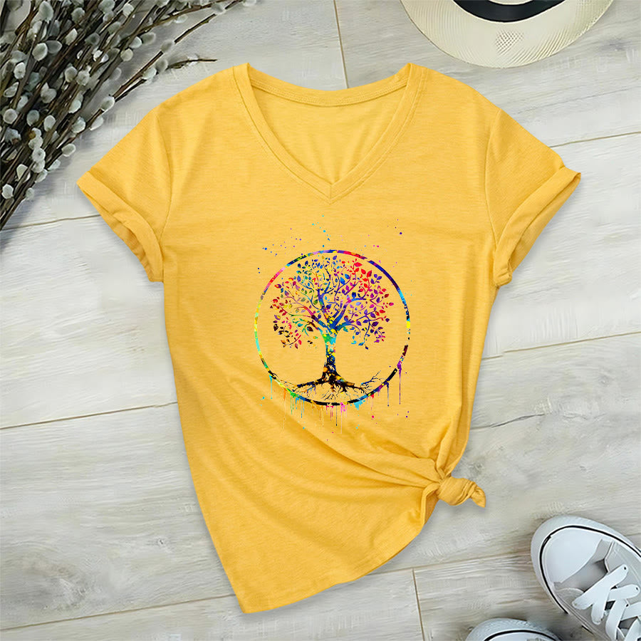 T-shirt Olivenorma à col en V avec motif circulaire spirituel de l'arbre de vie - Jaune - 2XL - image 30