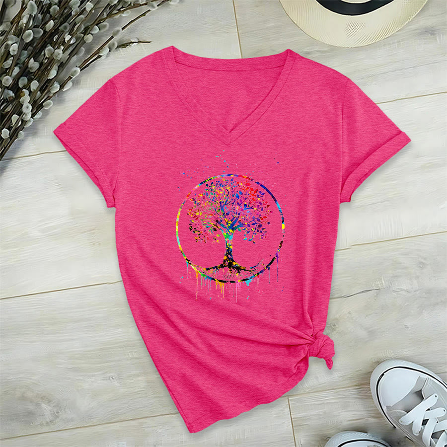 T-shirt Olivenorma à col en V avec motif circulaire spirituel de l'arbre de vie - Rose rouge - 2XL - image 33