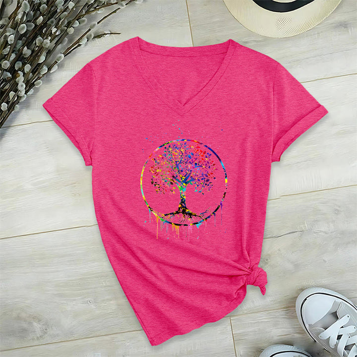 T-shirt Olivenorma à col en V avec motif circulaire spirituel de l'arbre de vie - Rose rouge - 2XL - image 33
