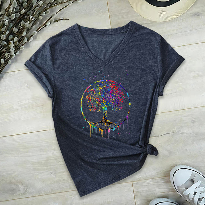 T-shirt Olivenorma à col en V avec motif circulaire spirituel de l'arbre de vie - Bleu marine - 2XL - image 18