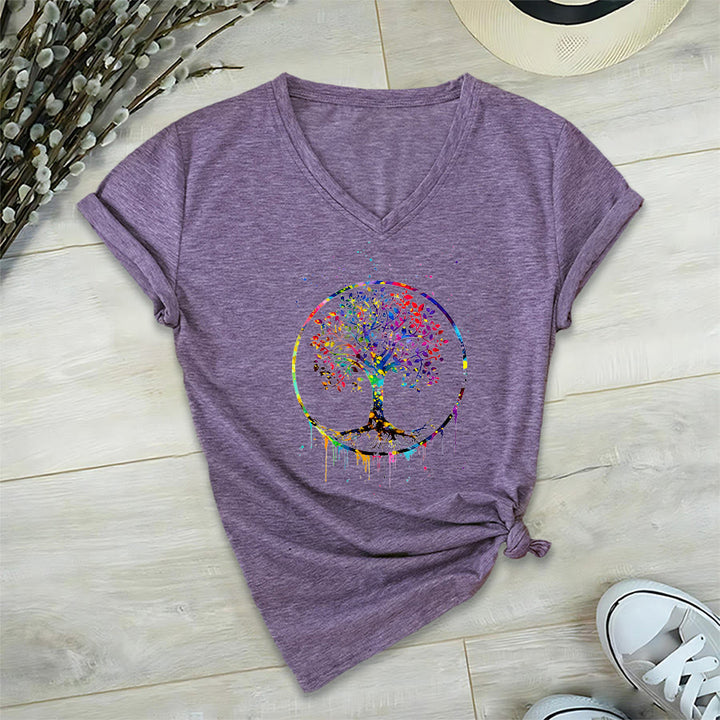 T-shirt Olivenorma à col en V avec motif circulaire spirituel de l'arbre de vie - Violet - 2XL - image 36