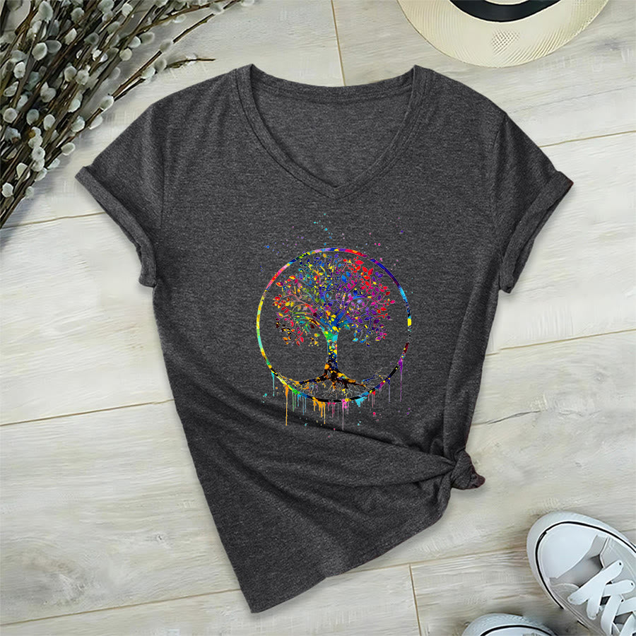 T-shirt Olivenorma à col en V avec motif circulaire spirituel de l'arbre de vie - Gris - 2XL - image 12