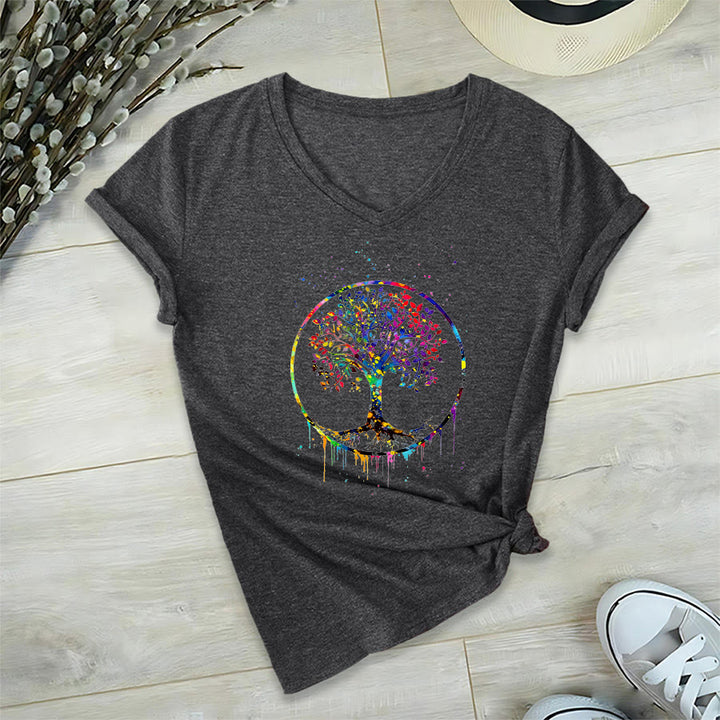 T-shirt Olivenorma à col en V avec motif circulaire spirituel de l'arbre de vie - Gris - 2XL - image 12