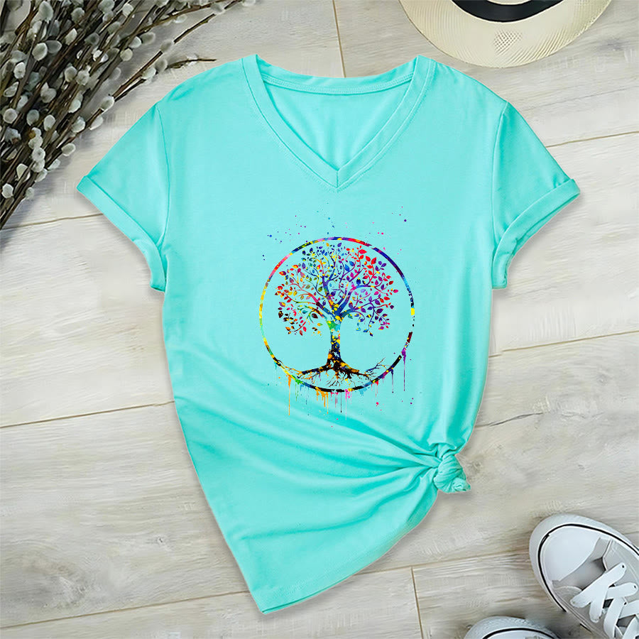 T-shirt Olivenorma à col en V avec motif circulaire spirituel de l'arbre de vie - Lac Bleu - 2XL - image 0