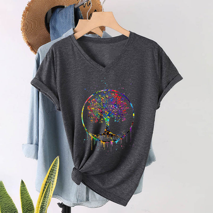 T-shirt Olivenorma à col en V avec motif circulaire spirituel de l'arbre de vie - image 13