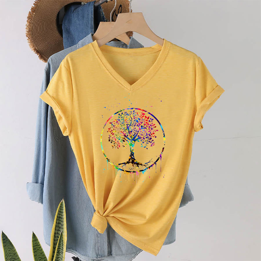 T-shirt Olivenorma à col en V avec motif circulaire spirituel de l'arbre de vie - image 31
