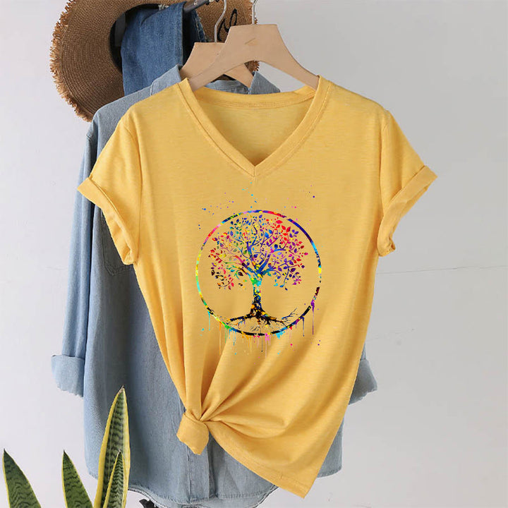 T-shirt Olivenorma à col en V avec motif circulaire spirituel de l'arbre de vie - image 31