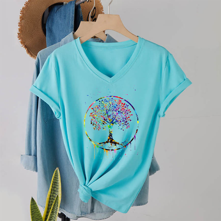 T-shirt Olivenorma à col en V avec motif circulaire spirituel de l'arbre de vie - image 1