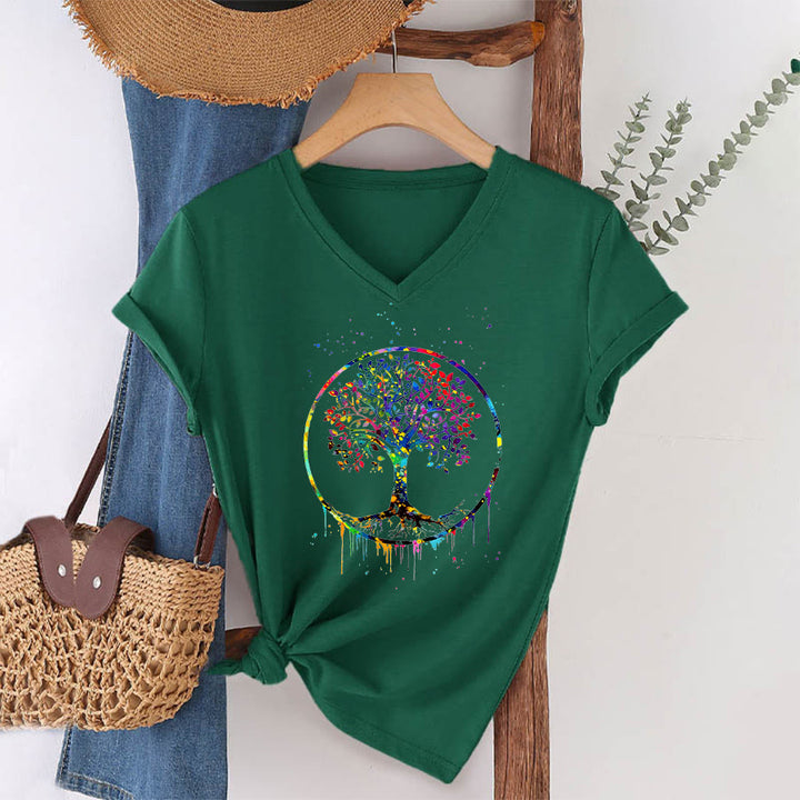 T-shirt Olivenorma à col en V avec motif circulaire spirituel de l'arbre de vie - image 22