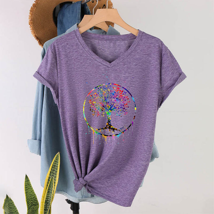 T-shirt Olivenorma à col en V avec motif circulaire spirituel de l'arbre de vie - image 37