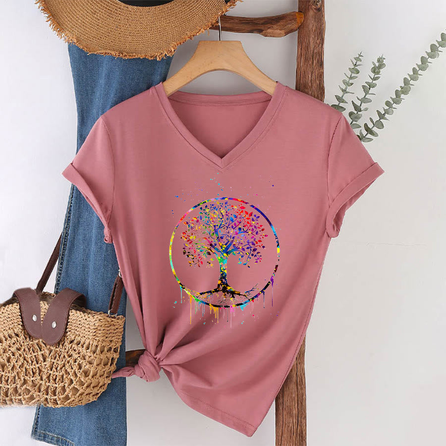 T-shirt Olivenorma à col en V avec motif circulaire spirituel de l'arbre de vie - image 7
