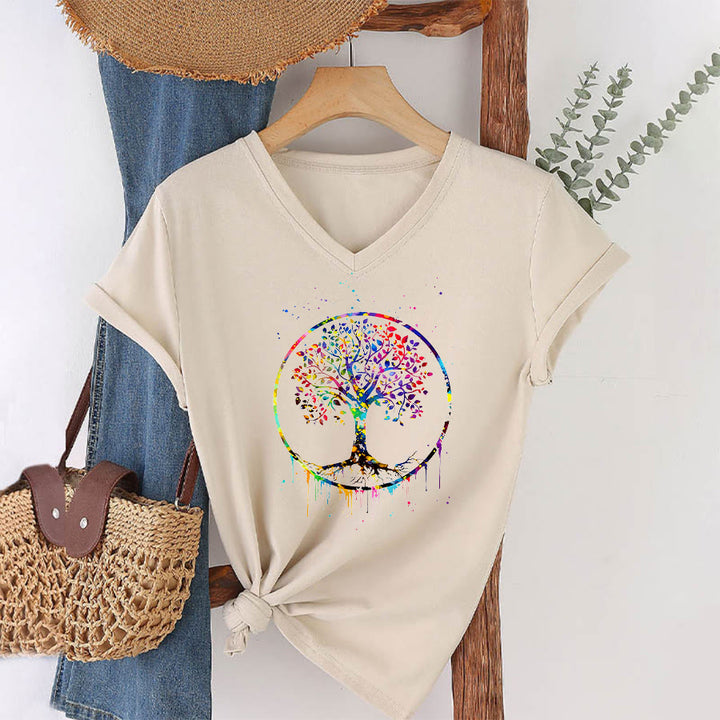 T-shirt Olivenorma à col en V avec motif circulaire spirituel de l'arbre de vie - image 4