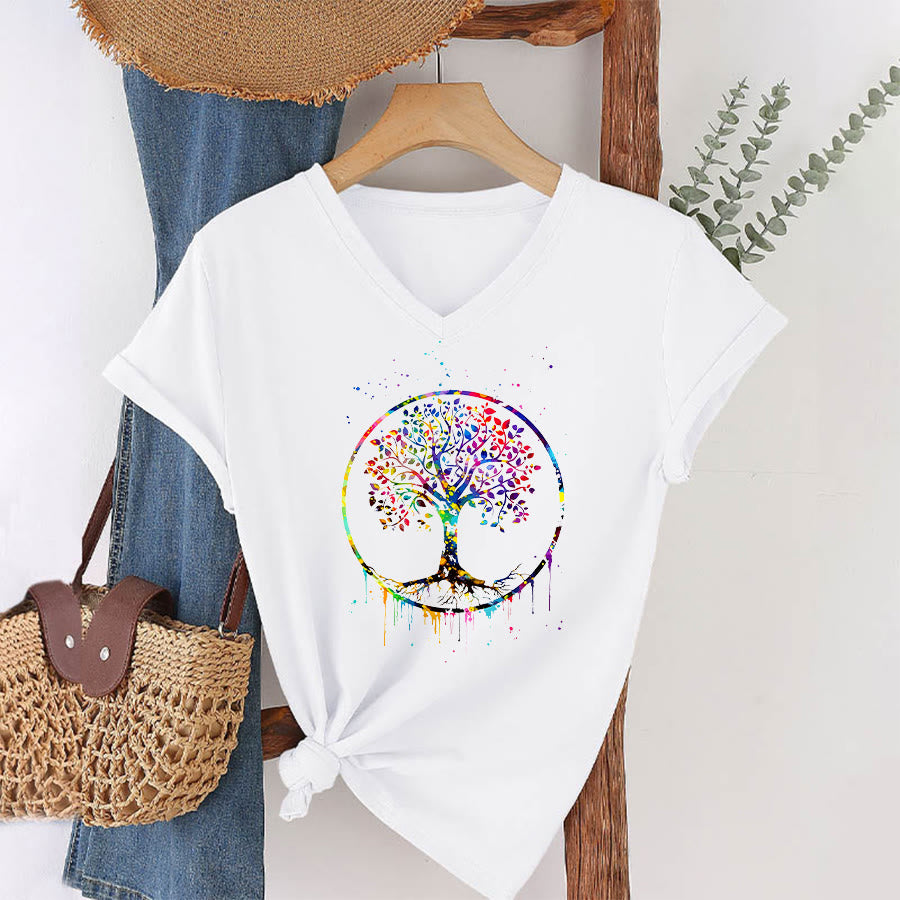 T-shirt Olivenorma à col en V avec motif circulaire spirituel de l'arbre de vie - image 16