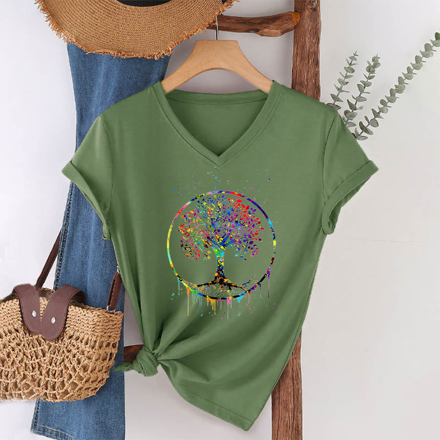 T-shirt Olivenorma à col en V avec motif circulaire spirituel de l'arbre de vie - image 25