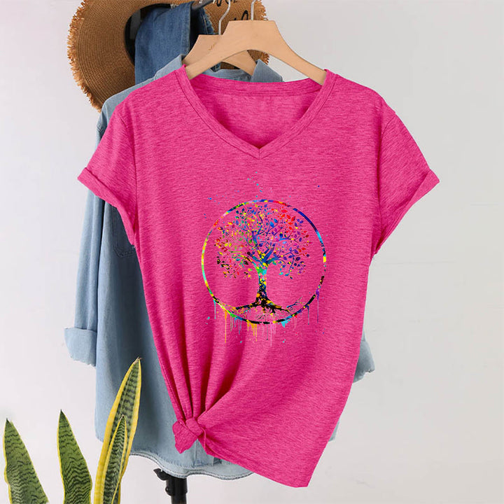 T-shirt Olivenorma à col en V avec motif circulaire spirituel de l'arbre de vie - image 34
