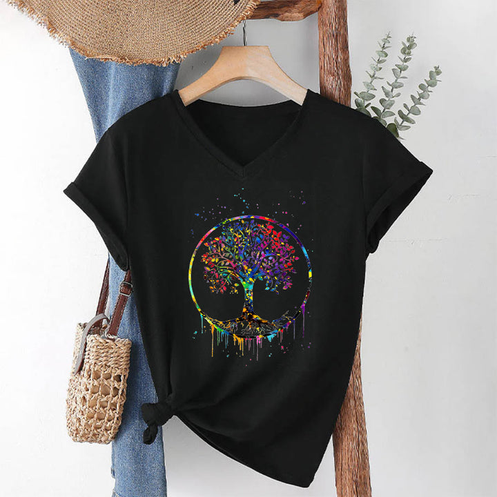 T-shirt Olivenorma à col en V avec motif circulaire spirituel de l'arbre de vie - image 10