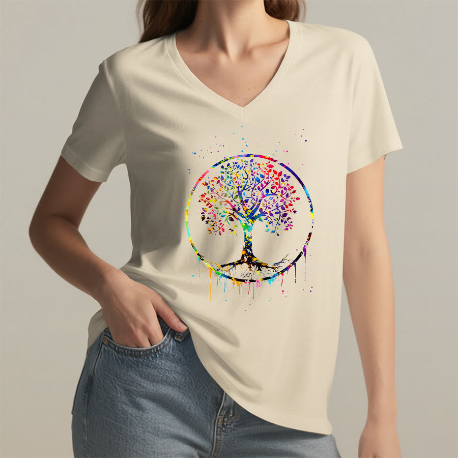 T-shirt Olivenorma à col en V avec motif circulaire spirituel de l'arbre de vie - image 5