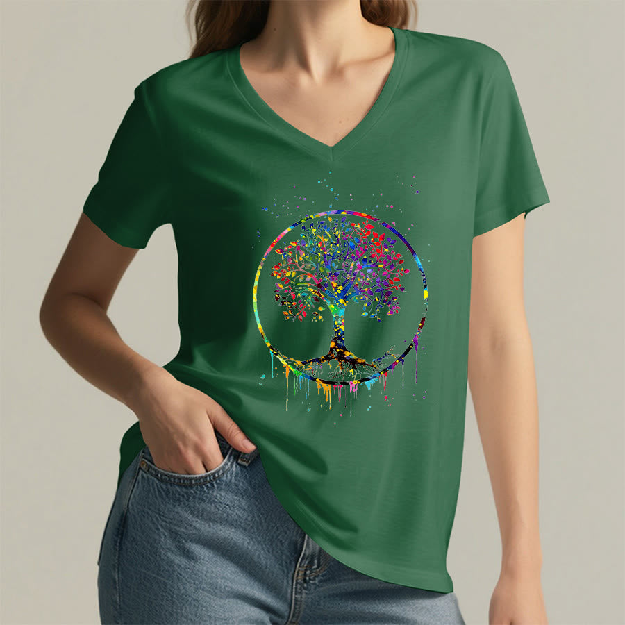 T-shirt Olivenorma à col en V avec motif circulaire spirituel de l'arbre de vie - image 23