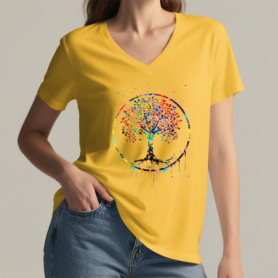 T-shirt Olivenorma à col en V avec motif circulaire spirituel de l'arbre de vie - image 32